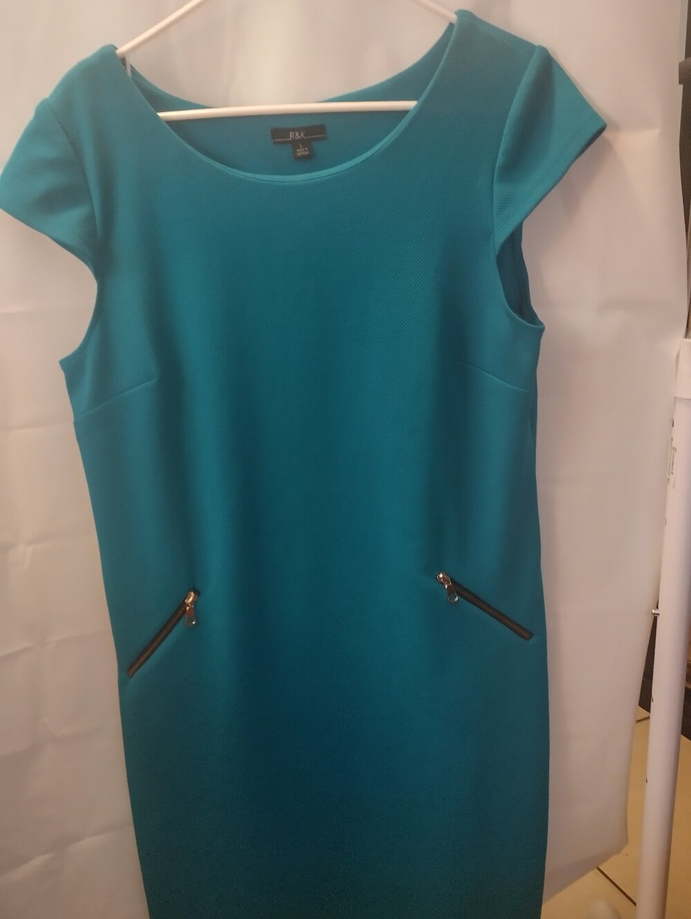 R&K Teal Cap-Sleeve Sheath Dress with Decorative Faux Zippers Large